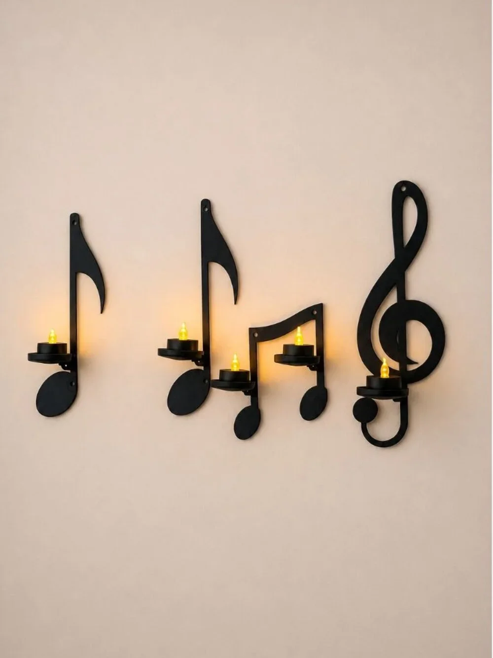 Music Note Wall Candle Sconces With Mikasa LED Tealights Set Of 4 Black Minimali